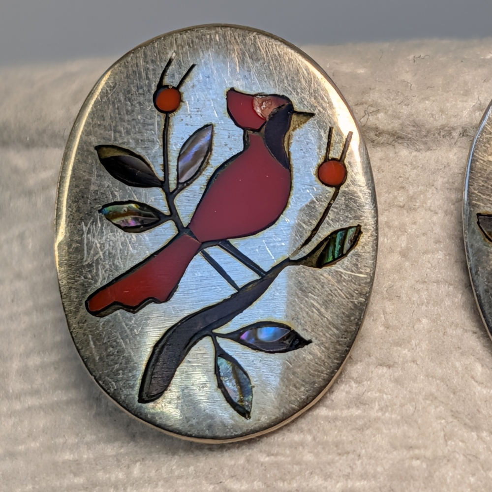 BH Signed Navajo Sterling 925 Red Coral & Abalone Cardinal Mosaic Inlay Earrings - Picture 7 of 8